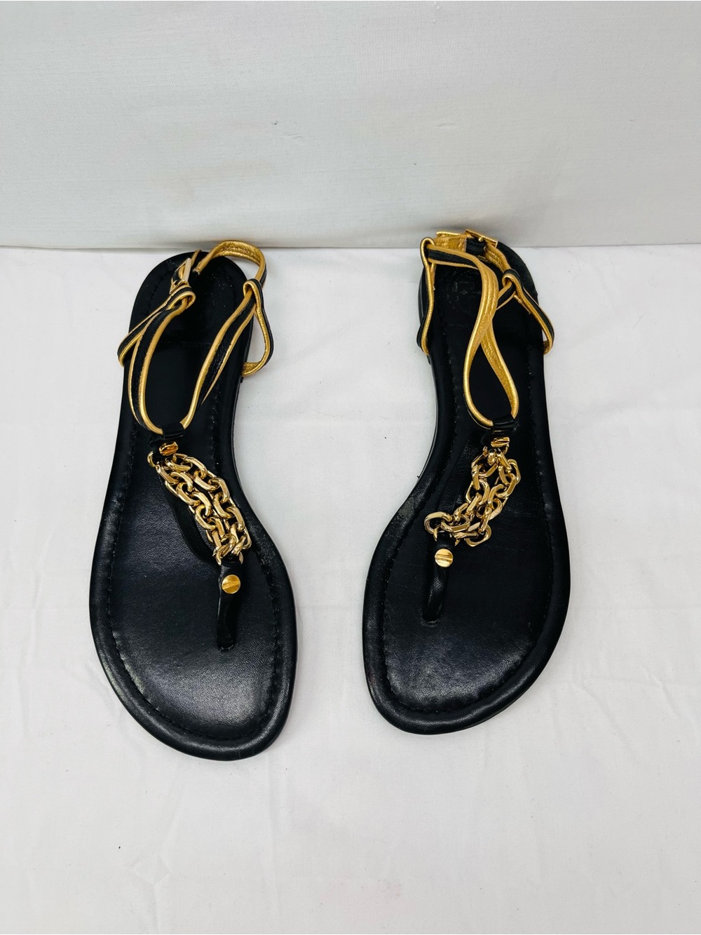 Tory Burch Black Leather Sandals with Gold Chain Accents